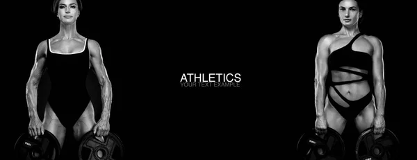 Conceito desportivo. Foto em preto e branco. Um atlético forte, mulheres isoladas em preto com placas de barra, vestindo no sportswear, fitness e motivação desportiva. Desportos individuais. Recreação desportiva . — Fotografia de Stock