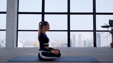 Kapalı alanda yoga. Spor eğlencesi. Mudra ve namaste 'nin meditasyon pozu. Kişisel sporlar.
