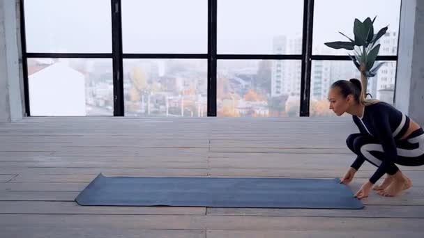 Yoga interior. Recreação desportiva. Mulher bonita jovem na mão mudra e namaste pose para meditação. Esportes individuais . — Vídeo de Stock