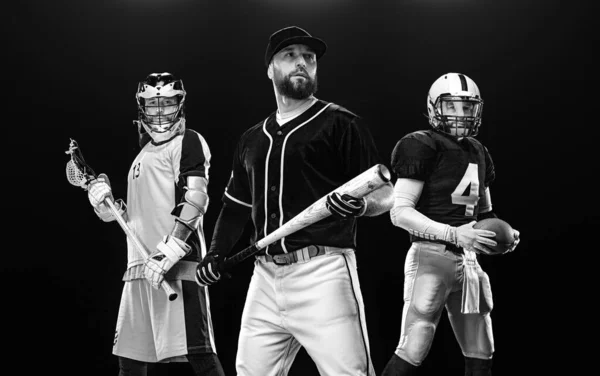 Baseball player with bat, american football player in helmet with ball, lacrosse player with stick.