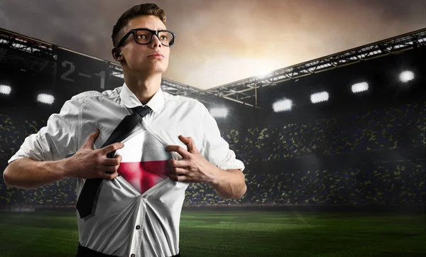 Poland soccer or football supporter showing flag — Stock Photo, Image