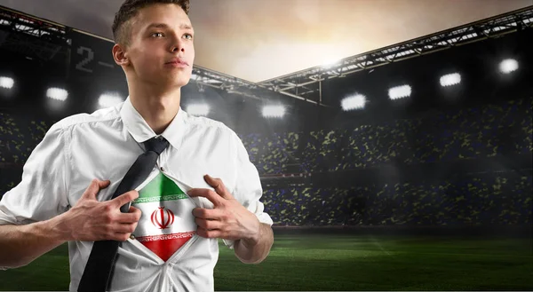 Iran soccer or football supporter showing flag — Stock Photo, Image