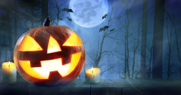 Halloween Pumpkins Gece Korkunç Sonbahar Orman Arka Plan — Stok fotoğraf