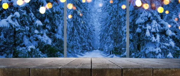 Natt vinter skog genom fönster — Stockfoto