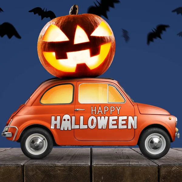 Хэллоуинская тыква на машине — стоковое фото
