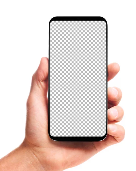 Mužské Ruky Držící Smartphone Bez Rámečku Prázdnou Obrazovku Transparentní Izolované — Stock fotografie