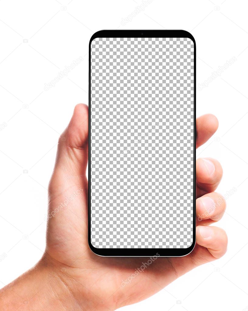 male hand holding bezel-less smartphone with blank transparent screen, isolated on white background . Screen is cut out with path