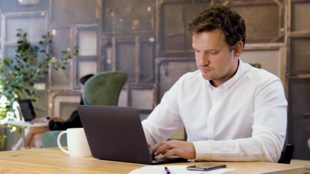 Бізнесмен успішно працює на ноутбуці — стокове відео