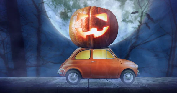 Halloween auto leveren pompoen — Stockfoto