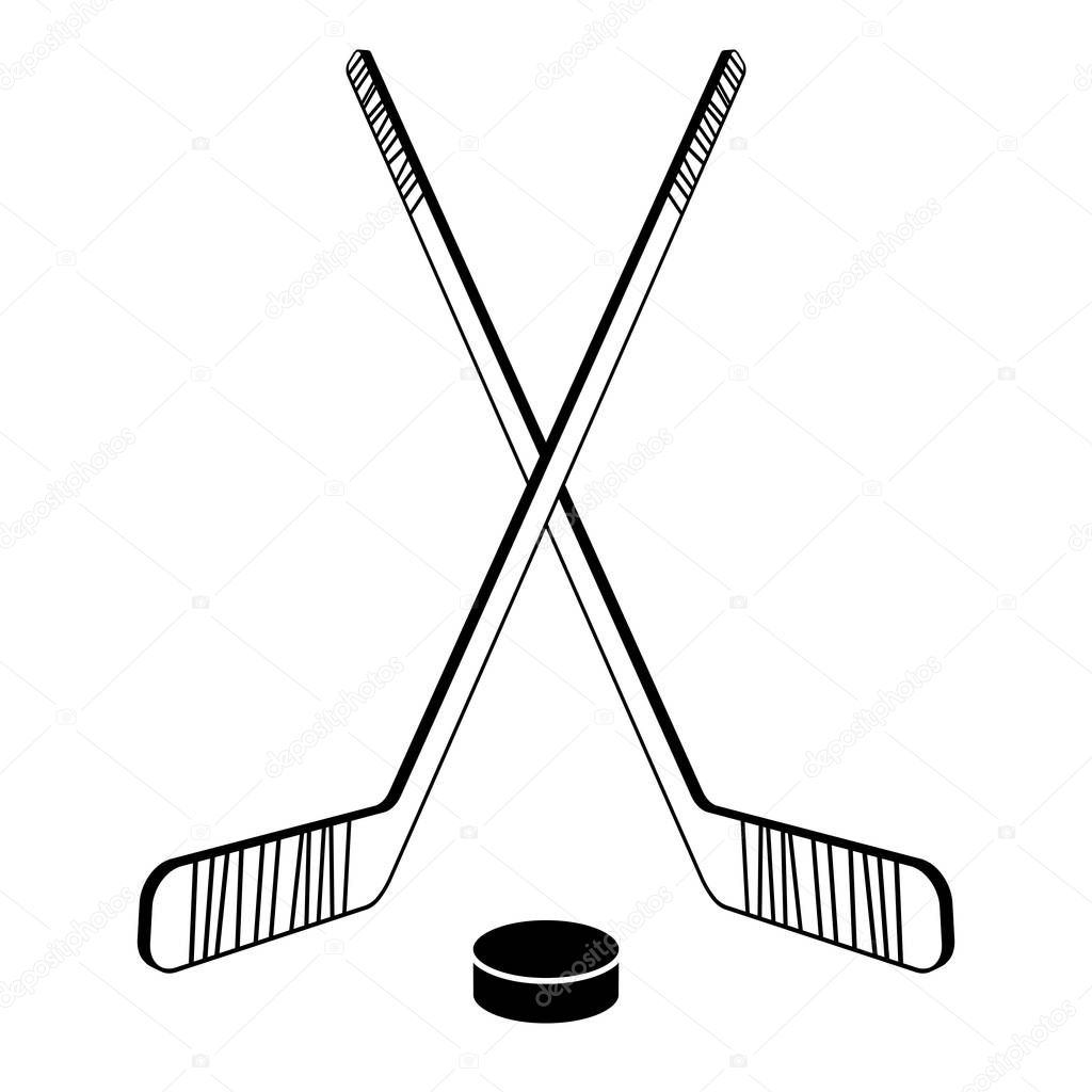 Two crossed hockey sticks and a puck. Vector illustration