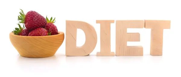 Word Diät Mit Erdbeere Auf Weißem Hintergrund — Stockfoto