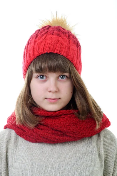 Retrato Menina Bonita Chapéu Vermelho Cachecol — Fotografia de Stock