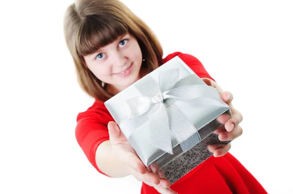 Une Image Jeune Fille Avec Boîte Cadeau Sur Blanc — Photo