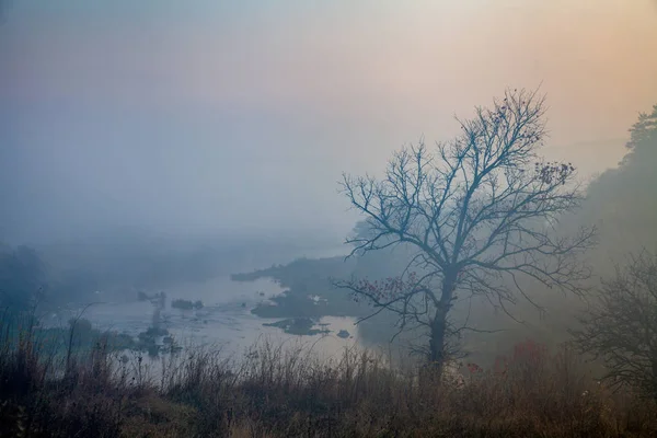 Mlhavé ráno na řece — Stock fotografie