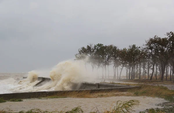 Huracán Mar Grandes Olas Través Parapeto Hormigón — Foto de Stock