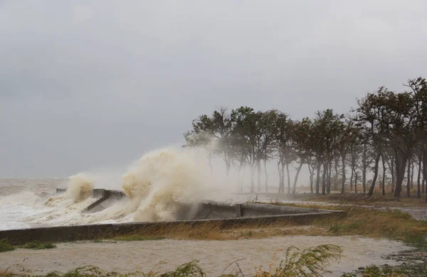 Furacão Mar Grandes Ondas Através Parapeito Concreto — Fotografia de Stock