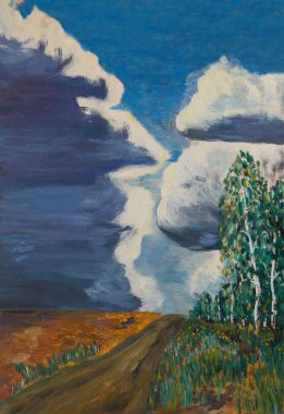 Fırtına gökyüzü arka plan üzerinde ülke road ve huş grove, yaz yatay