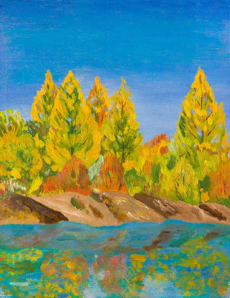Piękny Krajobraz Jesień Błękitem Nieba Obraz Olejny — Zdjęcie stockowe