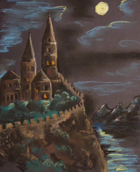 Стародавній Замок Високій Скелі Освітлений Місяцем Пастельний Малюнок Папері — стокове фото