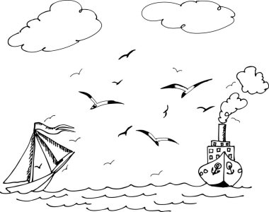 Yelkenli ve gemi. Dalgalar üzerinde uçan martılar. Serbest kroki çizim için yetişkin antistress boyama kitabı
