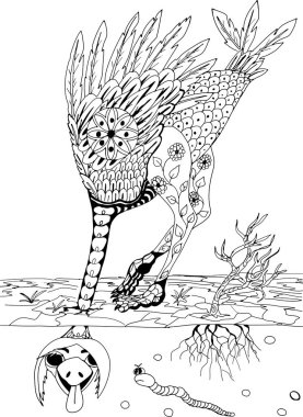 Devekuşu kafasını kuma sıkışmış. Serbest kroki çizim için yetişkin antistress boyama kitabı