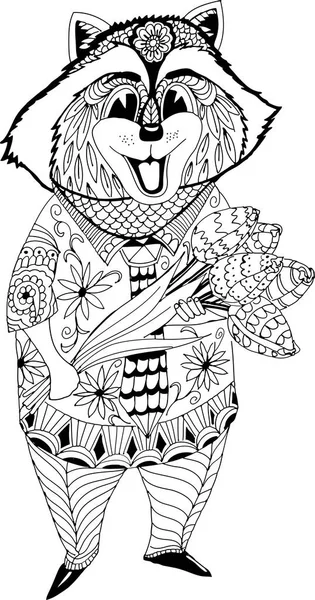 Mapache Traje Con Flores Dibujo Boceto Mano Alzada Para Libro — Vector de stock