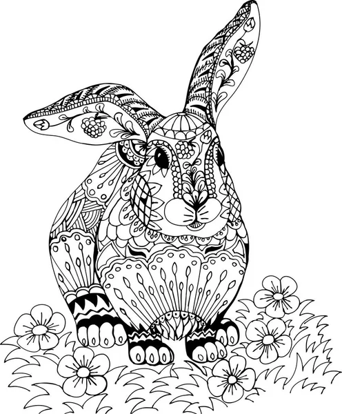 Lapin Parmi Les Fleurs Croquis Main Levée Dessin Pour Adulte — Image vectorielle