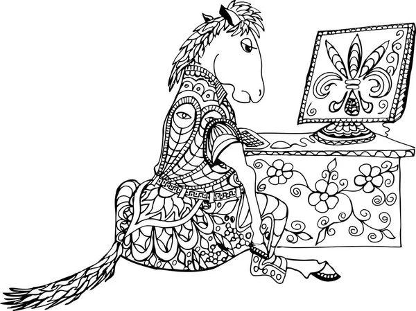 Yorgun atı olan bir bilgisayar bir masada oturuyor. Alegori zor iş. Serbest kroki çizim için yetişkin antistress boyama kitabı