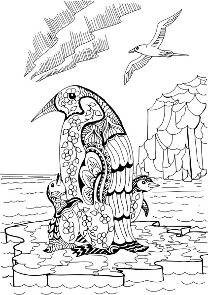 皇帝企鹅与小鸡和鸥 成人抗应力着色书手绘素描画 — 图库矢量图片