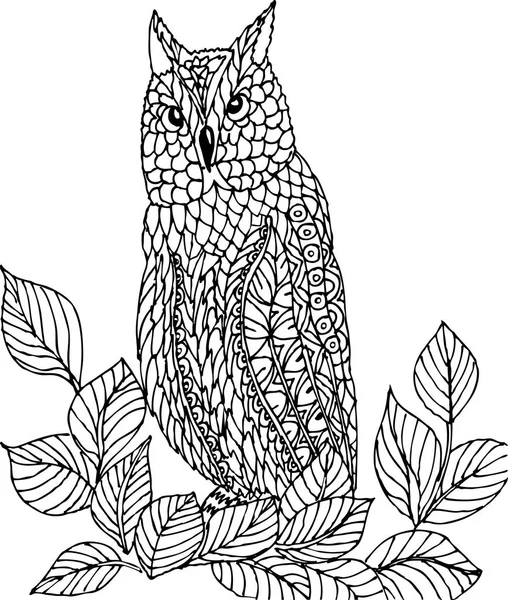 Bir dal üzerinde oturan baykuş. Serbest kroki çizim için yetişkin antistress boyama kitabı