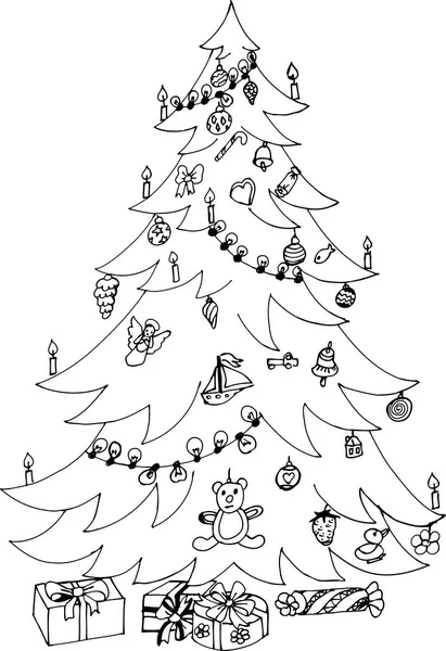 Рождественская Елка Подарками Рисунок Взрослых Антистрессовых Раскрасок — стоковый вектор