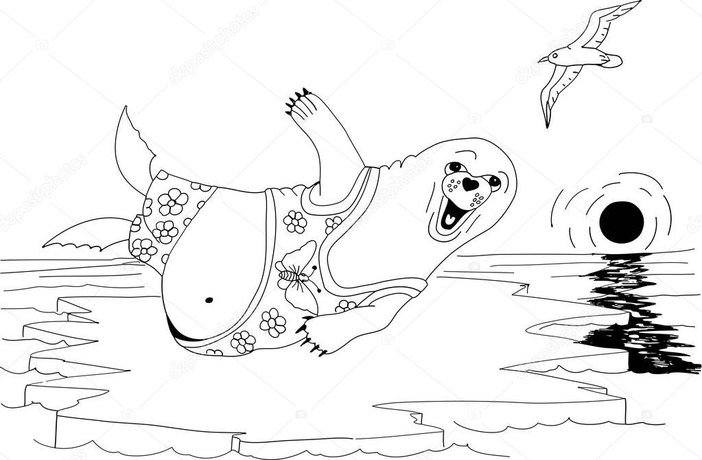 A seal lies on an ice floe and waving his paw. Freehand sketch drawing for adult antistress coloring book
