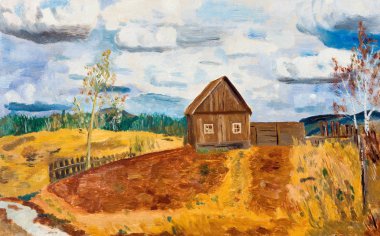 Spring landscape with a lonely house in the field. Oil painting clipart