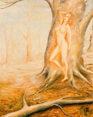 Orman perisi. Bir ağaç arka plan çıplak kız. Yağlıboya resim