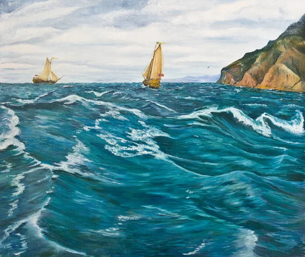 Oil Painting Sailboats Stormy Sea — Stock Photo, Image