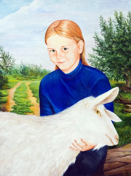 Portréja Egy Gyönyörű Lány Egy Fehér Kecske Olajfestmény — Stock Fotó
