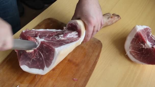 Man Holding Knife Hands Cutting Chopping Preparing Pig Raw Fresh — Stock Video