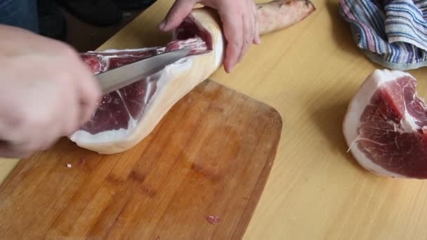 Man Holding Knife Hands Cutting Chopping Preparing Pig Raw Fresh — Stock Video