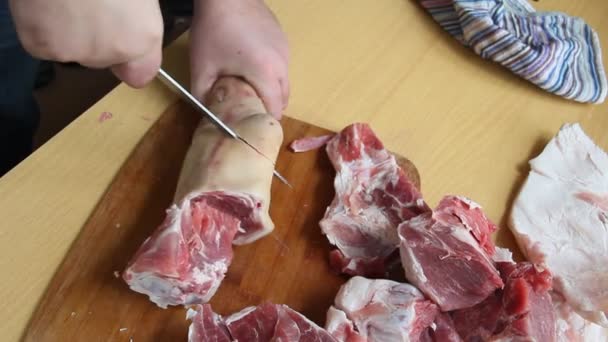 Homme Tenant Couteau Avec Les Mains Coupant Hachant Préparant Porc — Video