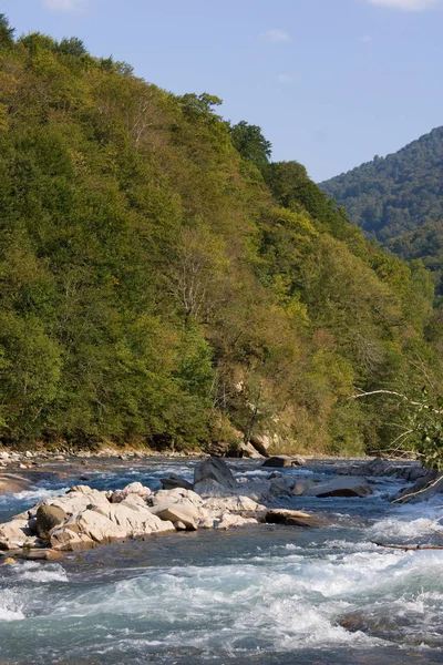 Beautiful landscape with river and mountains. The Belay river is in the North Caucasus,Krasnodar Krai