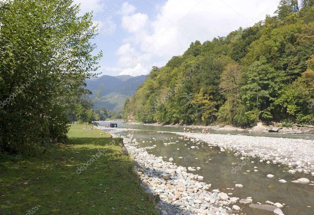 Beautiful landscape with river and mountains. The Belay river is in the North Caucasus,Krasnodar Krai