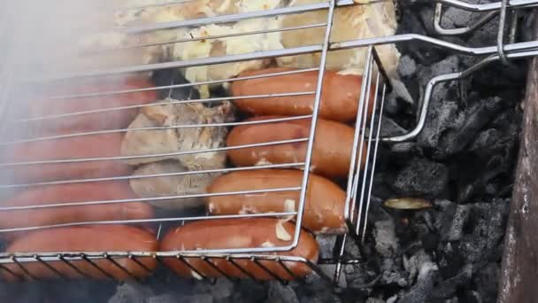 Koken Barbecue Grill Vlees Worstjes Zijn Gebakken Kolen — Stockvideo