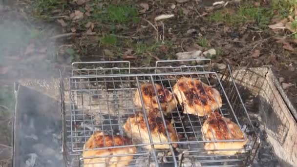 Koken Barbecue Grill Vlees Gebakken Kolen — Stockvideo