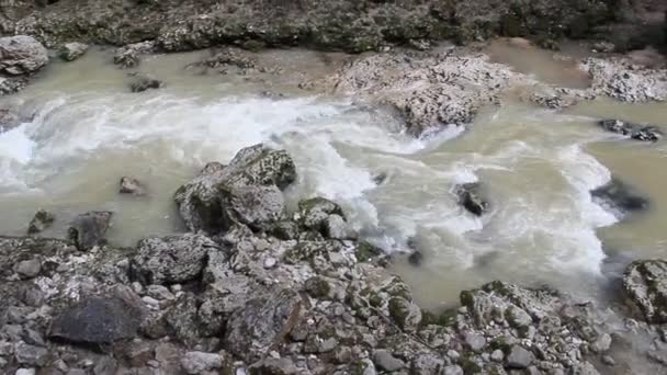 Ταχεία Ορεινό Ποτάμι Που Ρέει Ανάμεσα Πέτρες — Αρχείο Βίντεο