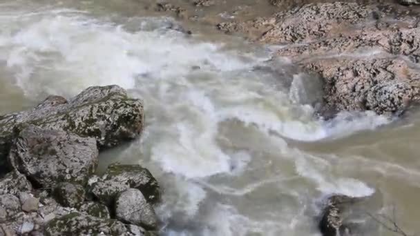 Ταχεία Ορεινό Ποτάμι Που Ρέει Ανάμεσα Πέτρες — Αρχείο Βίντεο