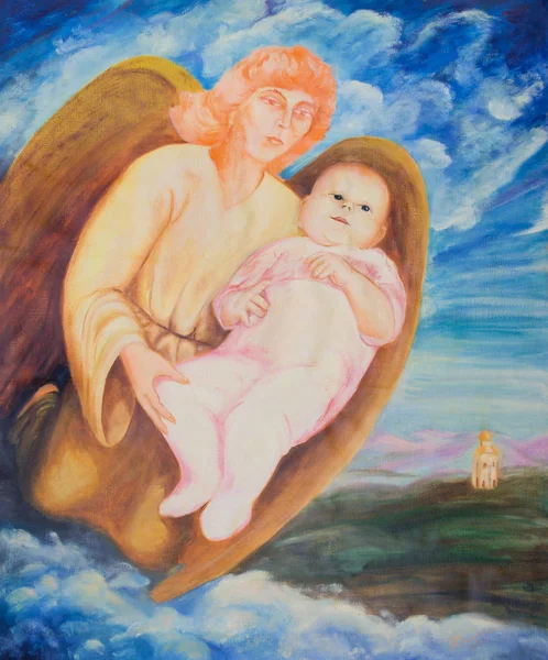 生まれたばかりの赤ちゃんを持つ天使 子供たちは 神からの贈り物です アレゴリー — ストック写真