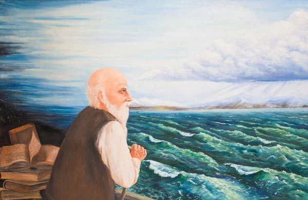 Gray Haired Bearded Old Man Stands Lake Looks Distance — Stock Photo, Image