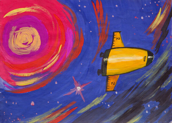 Fantastic spaceship flies to a bright star