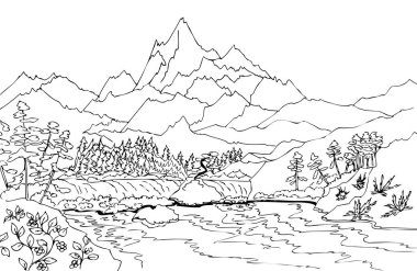 Landscape with high mountains and waterfall. Hand drawn illustrations for coloring vector Landscape with high mountains and waterfall. Hand drawn illustrations for coloring vector
