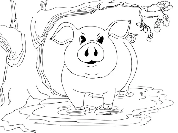 Gros Cochon Tient Dans Boue Près Chêne Illustrations Dessinées Main — Image vectorielle